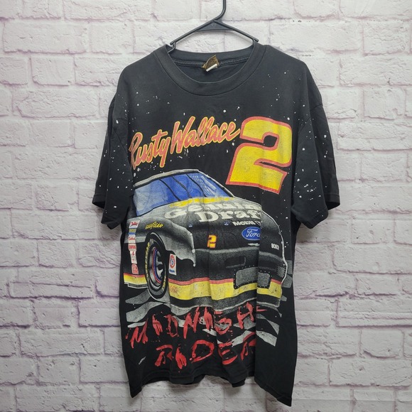 VTG Rusty Wallace 2 NASCAR AOP Tshirt Size XL Nutmeg Mills Midnight Rider USA - Picture 1 of 9